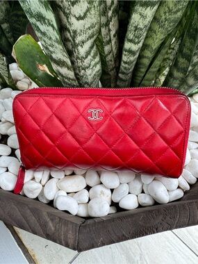 CHANEL Red Quilted Leather Zip Around Long Wallet 21 Series
